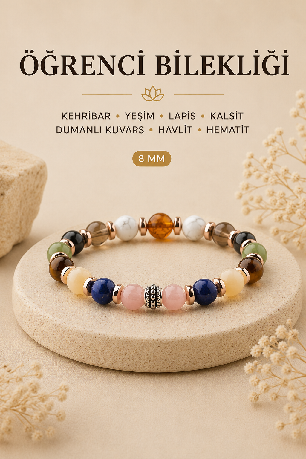 Sertifikalı Öğrenci Bilekliği-kehribar-yeşim-lapis-kalsit-dumanlı Kuvars-havlit-hematit-8 Mm B178