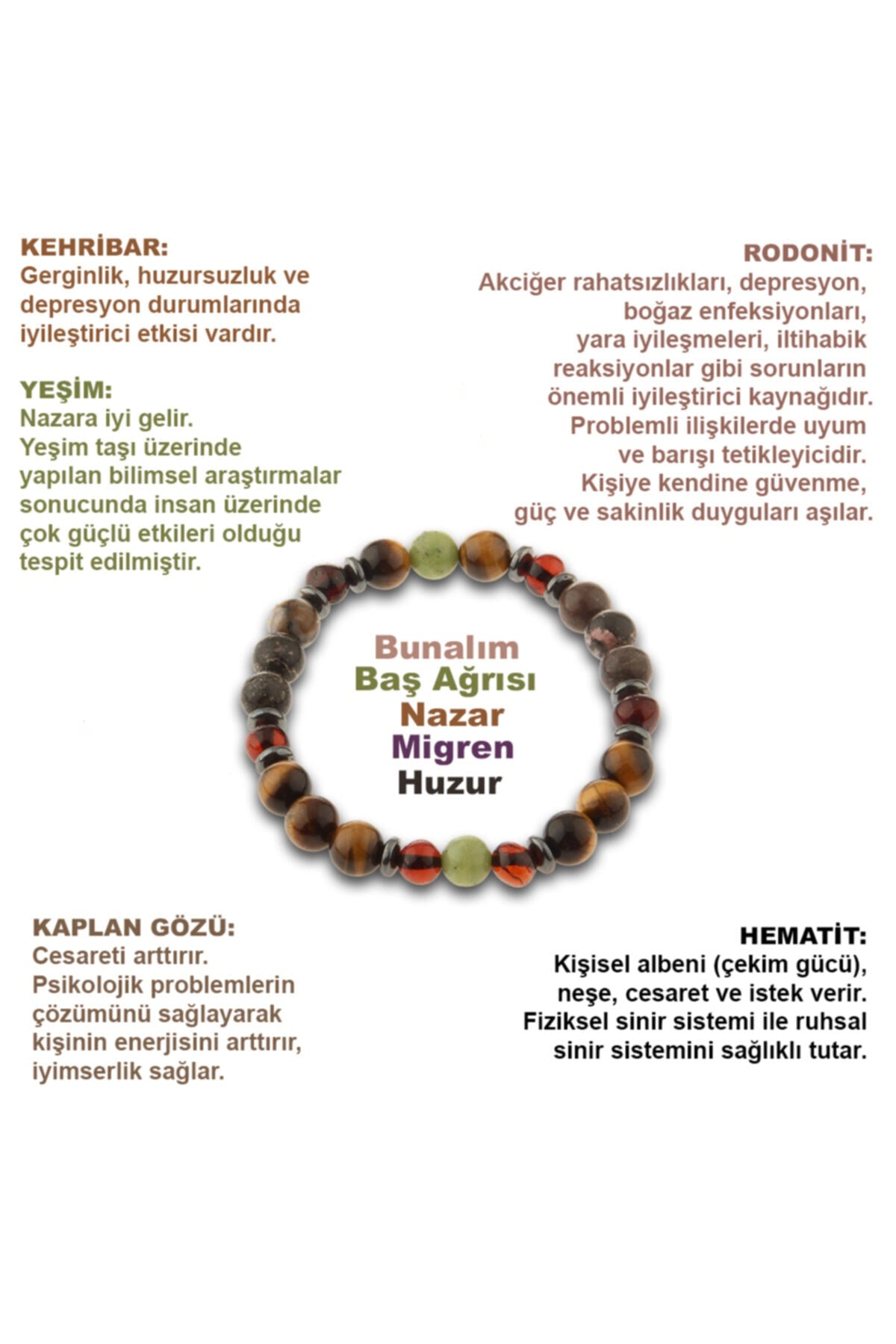 Sertifikalı Kehribar, Kaplan Gözü, Yeşim, Hematit, Rodonit Doğal Taş Bileklik