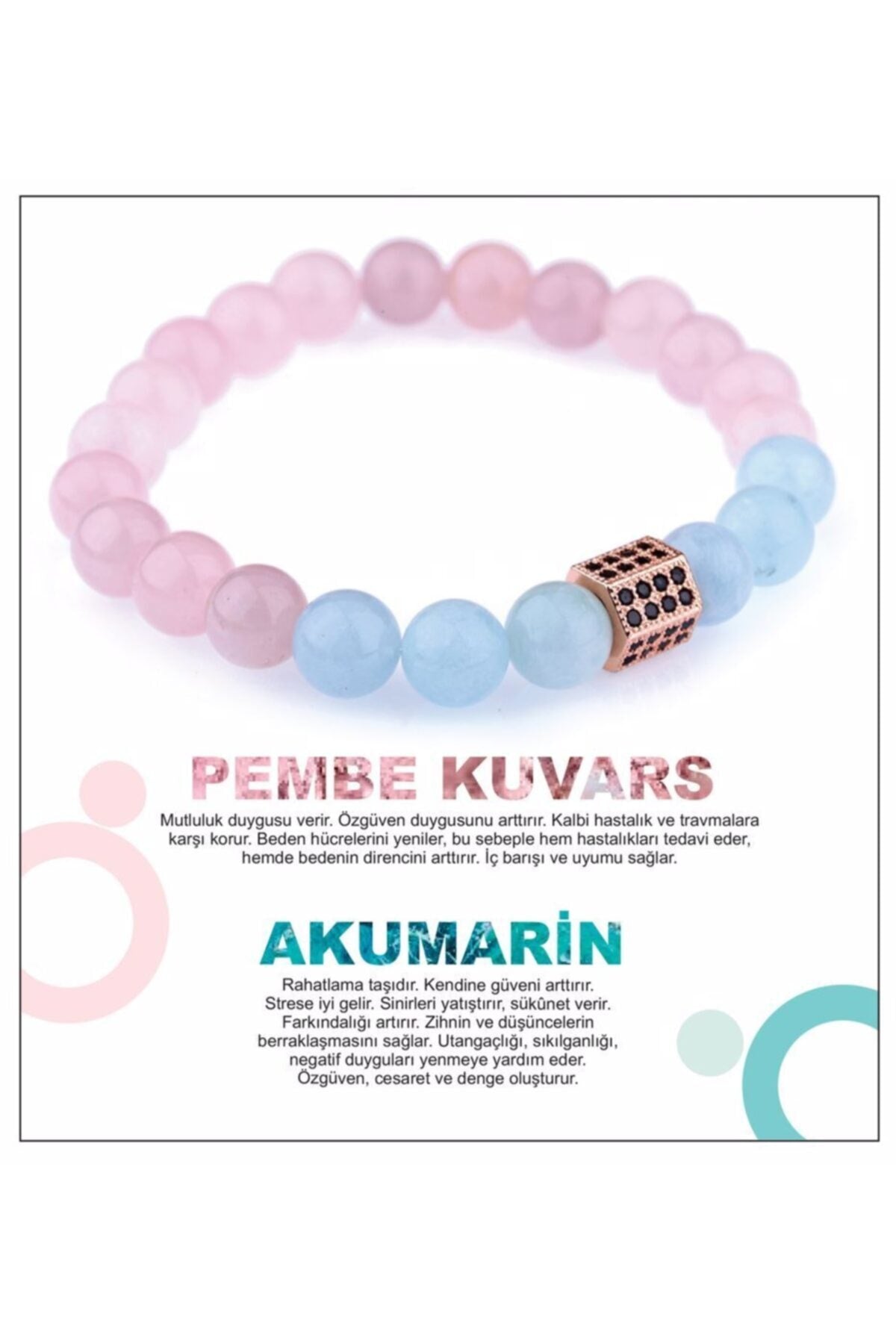 Sertifikalı Doğal Taş Bileklik - Pembe Kuvars-akuamarin