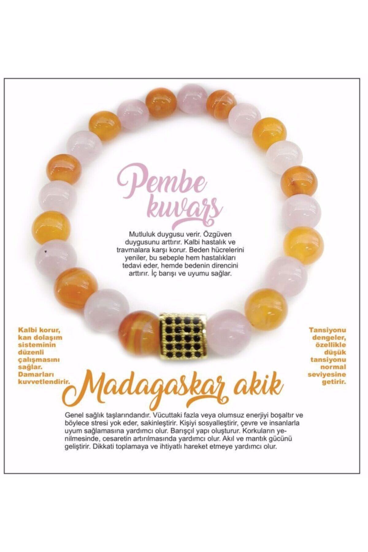 Sertifikalı Doğal Taş Bileklik - Pembe Kuvars-madagaskar Akik