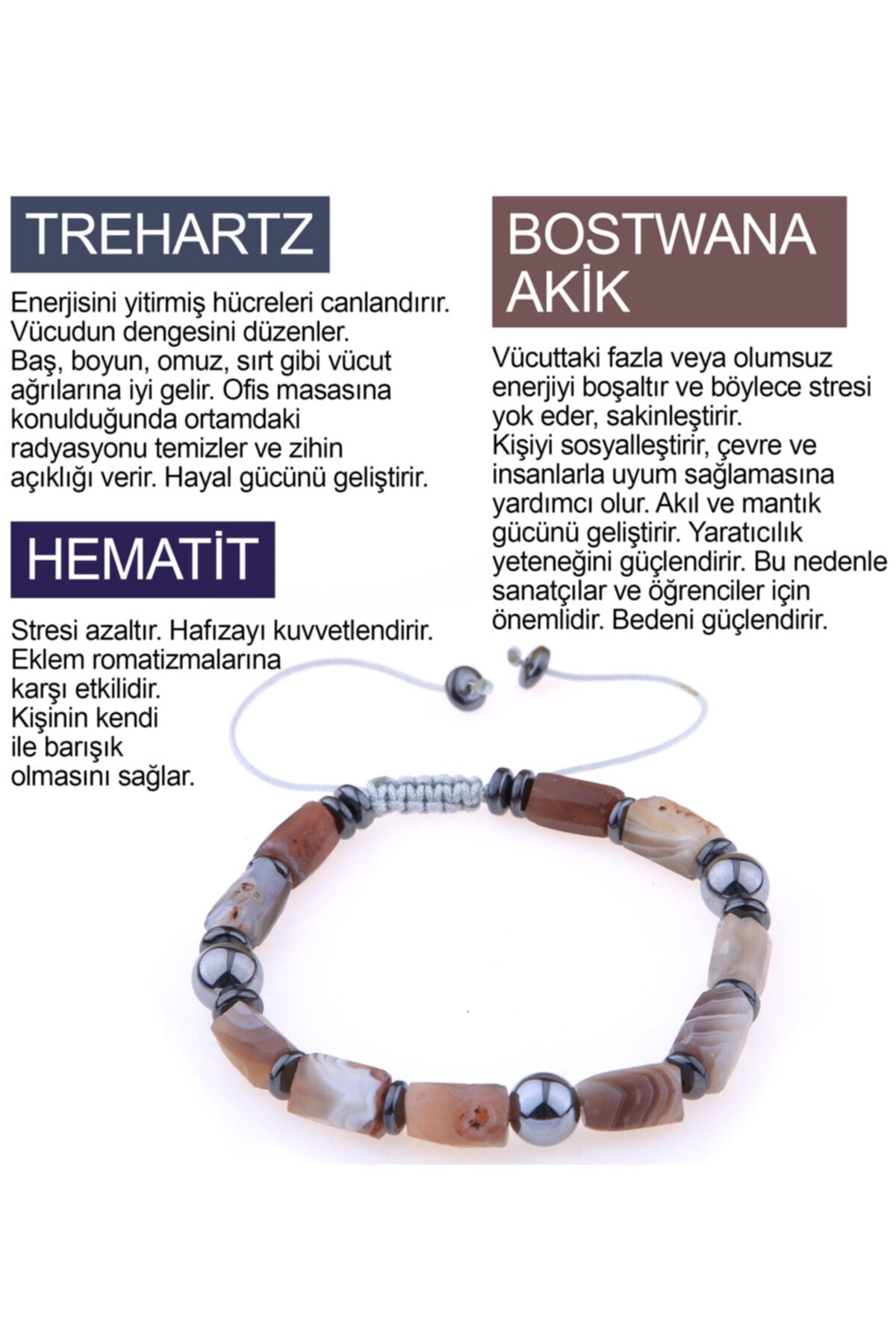 Sertifikalı Bostwana Akik, Trehartz, Hematit Bileklik