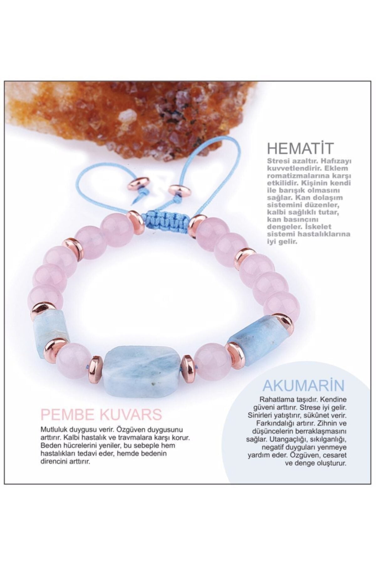 Sertifikalı Doğal Taş Bileklik - Hematit-pembe Kuvars- Akuamarin