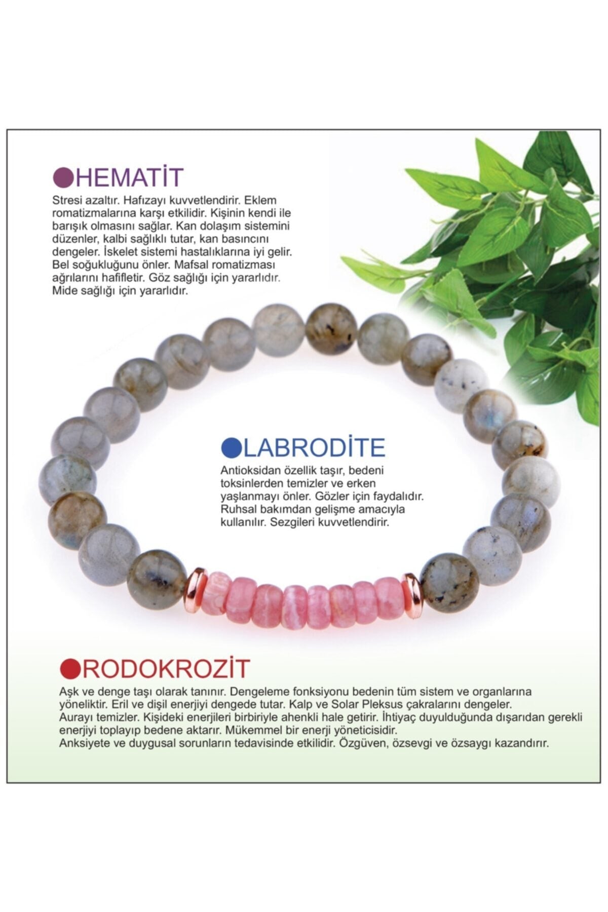 Doğal Taş Bileklik - Hematit,labrodite,rodokrozit