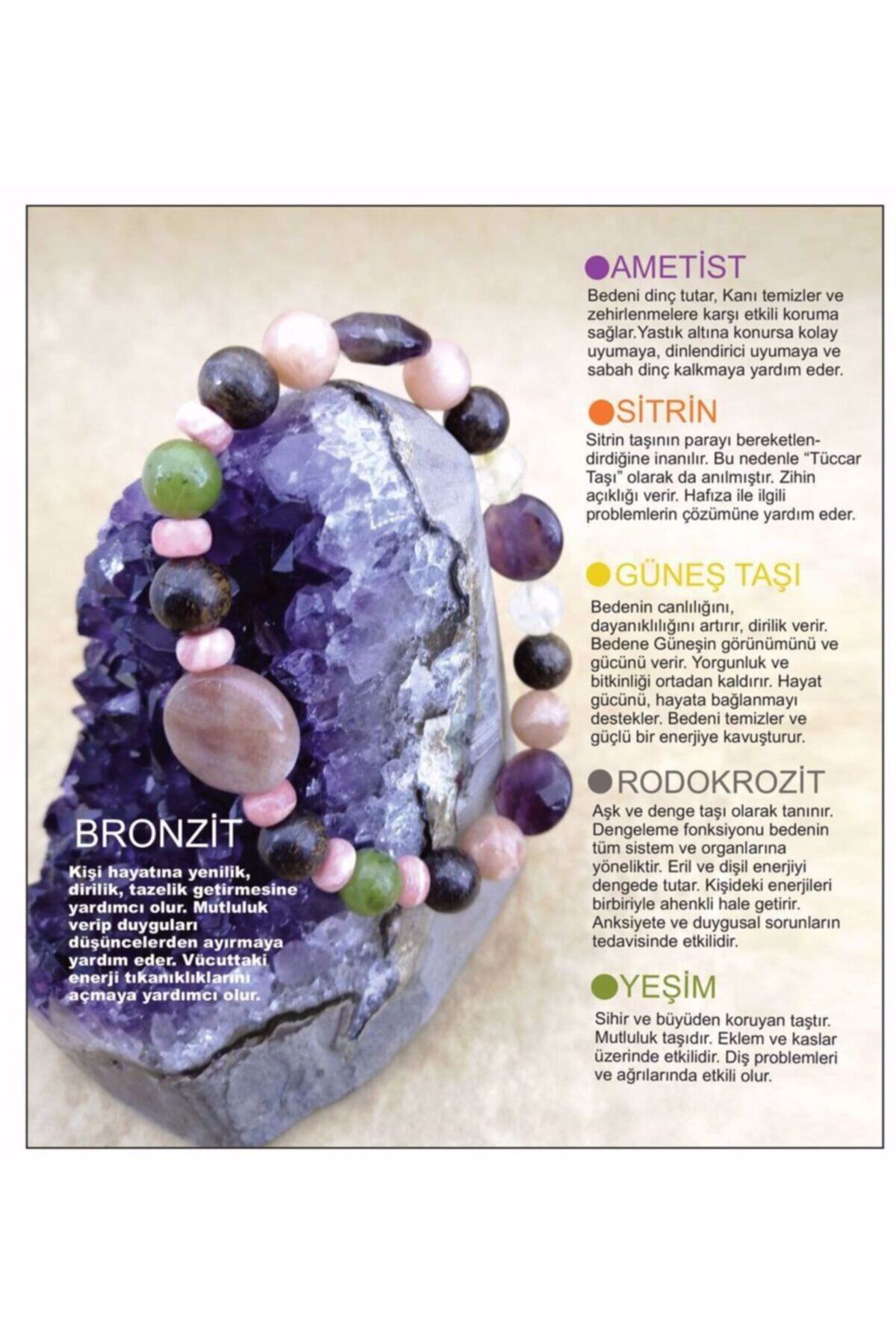 Sertifikalı Doğal Taş Bileklik - Bronzit-ametist-sitrin-güneş Taşı-rodokrozit-yeşim
