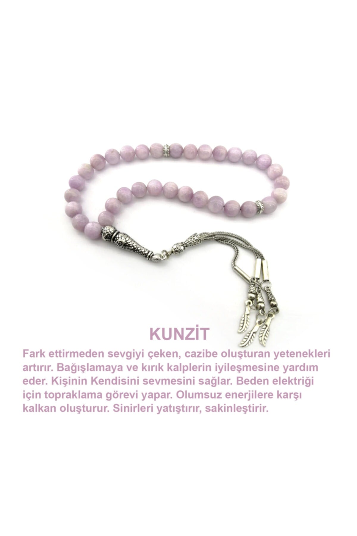 Sertifikalı Kunzit 33'lük Doğal Taş Tesbih 8 Mm (METAL AKSAMLI)