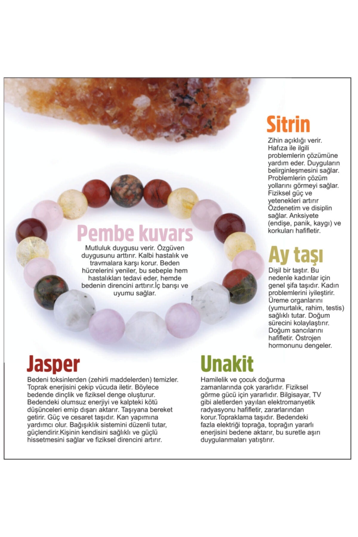 Sertifikalı Doğal Taş Bileklik - Unakit-jasper-ay Taşı-pembe Kuvars-sitrin