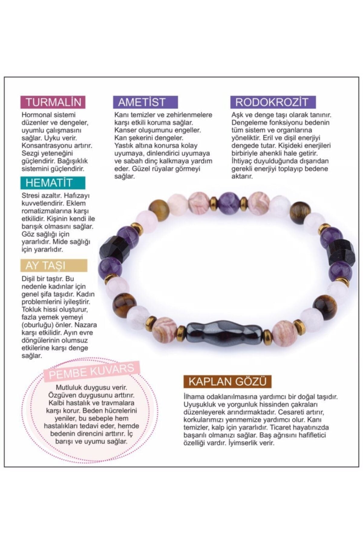 Doğal Taş Bileklik 6mm - Turmalin-ametist-rodokrozit-hematit-ay Taşı-pembe Kuvars-kaplan Gözü