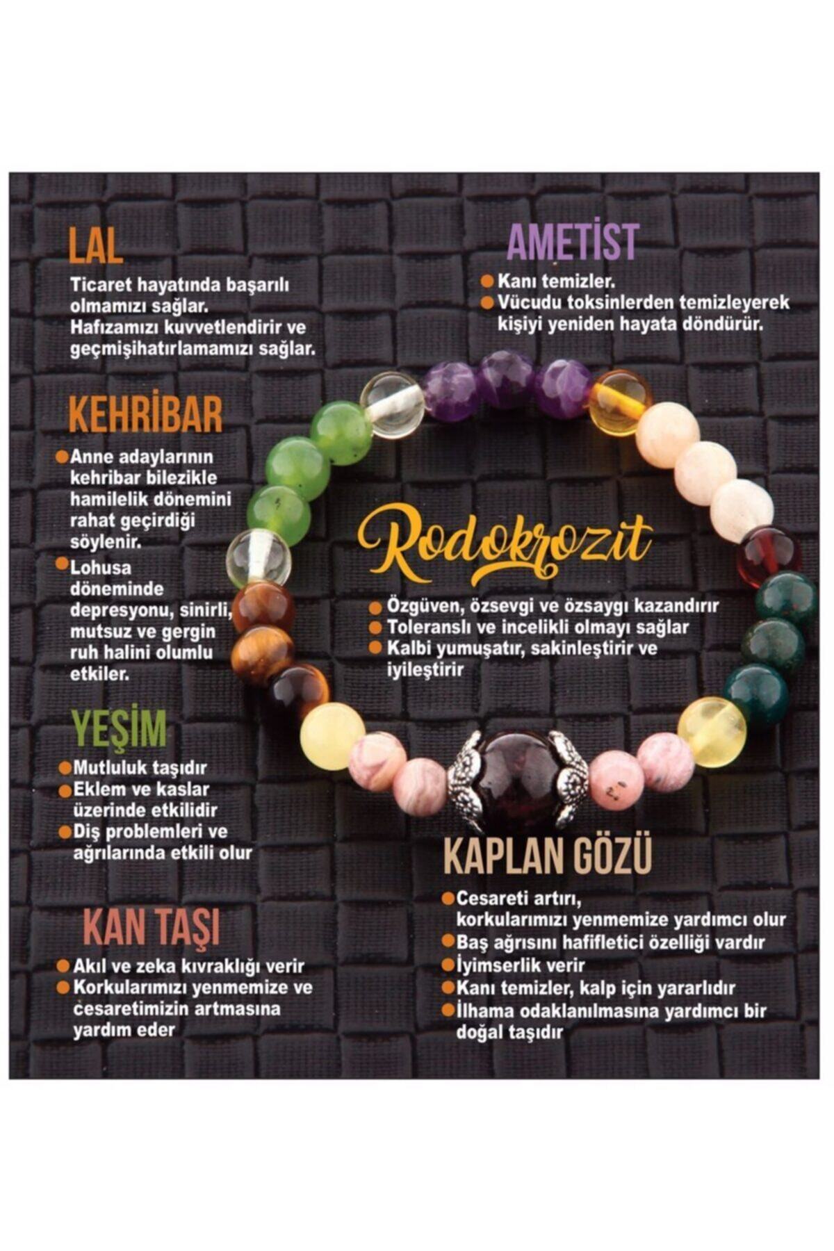 Sertifikalı Doğal Taş Bileklik - Lal Taşı,ametist,kehribar,rodokrozit,yeşim,kan Taşı,kaplan Gözü