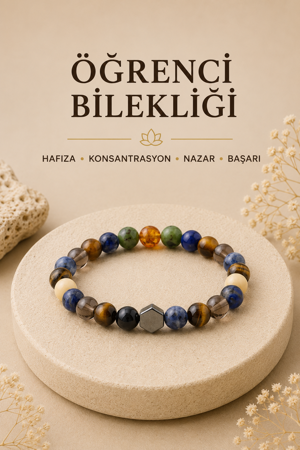 Orijinal & Sertifikalı Öğrenci Bilekliği - Hafıza Konsantrasyon Nazar Başarı Doğal Taş Bileklik 8 mm