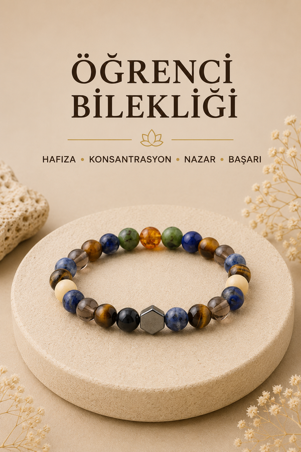 Orijinal & Sertifikalı Öğrenci Bilekliği - Hafıza Konsantrasyon Nazar Başarı Doğal Taş Bileklik 8 mm
