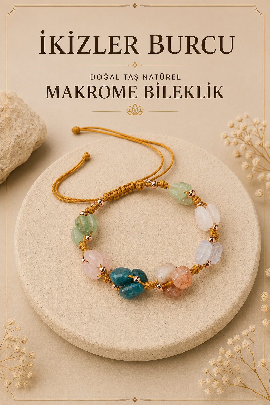 Ikizler Burcu Doğal Taş Natürel Makrome Bileklik