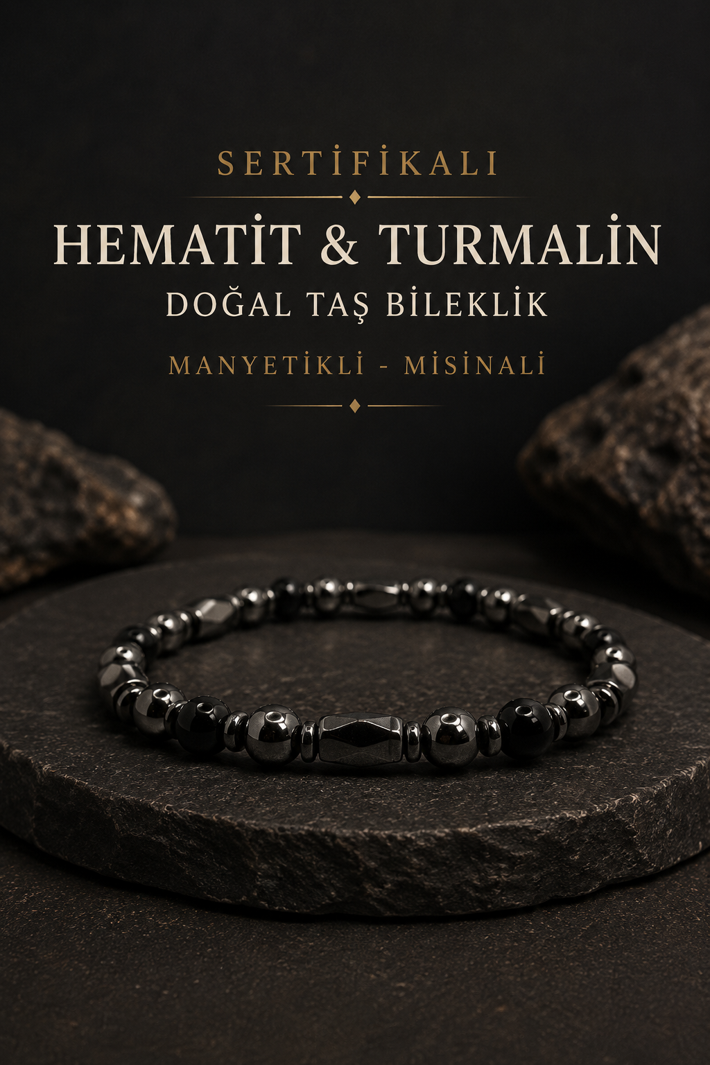 Sertifikalı Hakiki Orijinal Manyetikli Hematit - Hematit - Turmalin Doğal Taş Misinalı Bileklik
