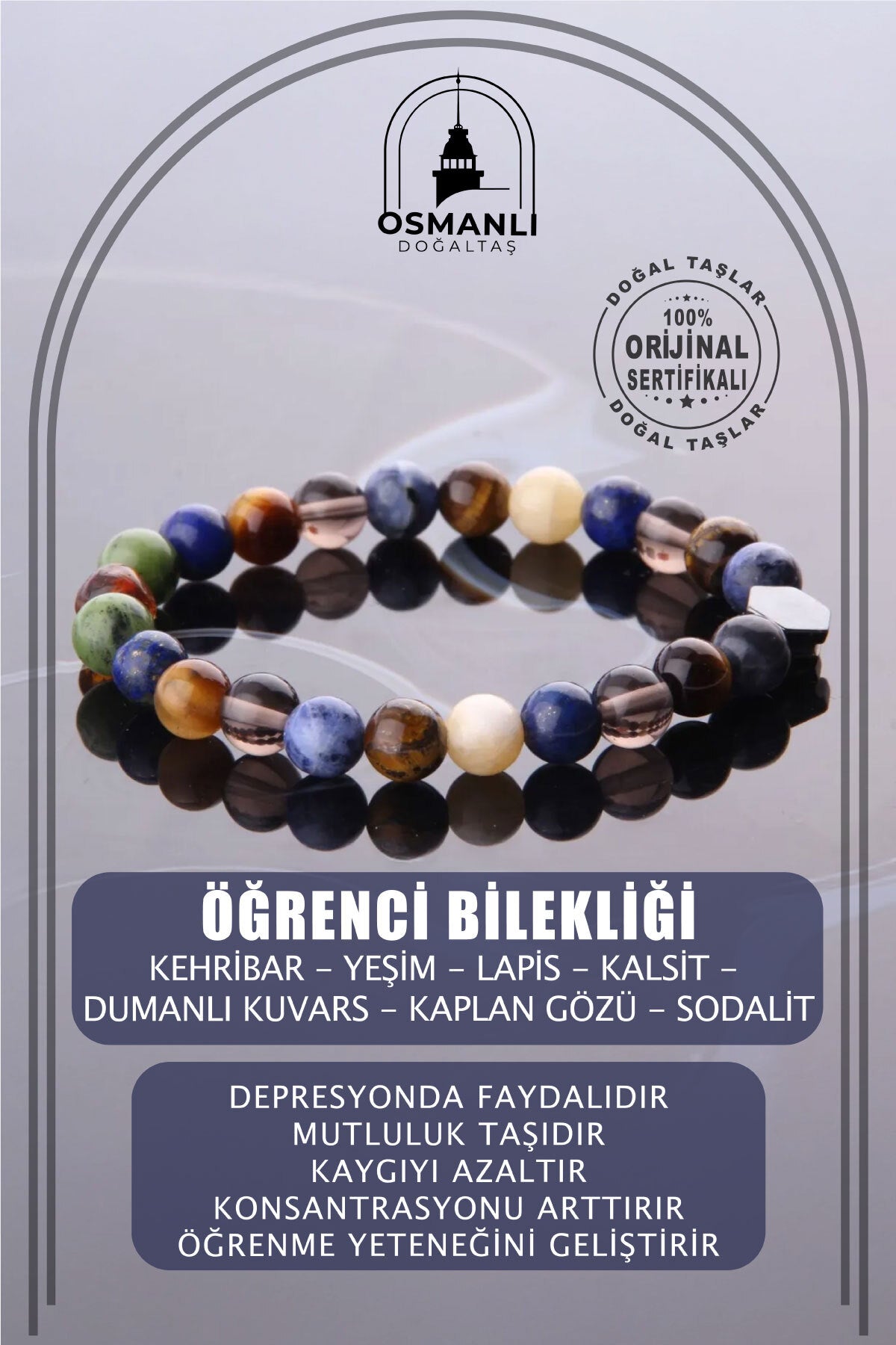 Orijinal & Sertifikalı Öğrenci Bilekliği - Hafıza Konsantrasyon Nazar Başarı Doğal Taş Bileklik 8 mm