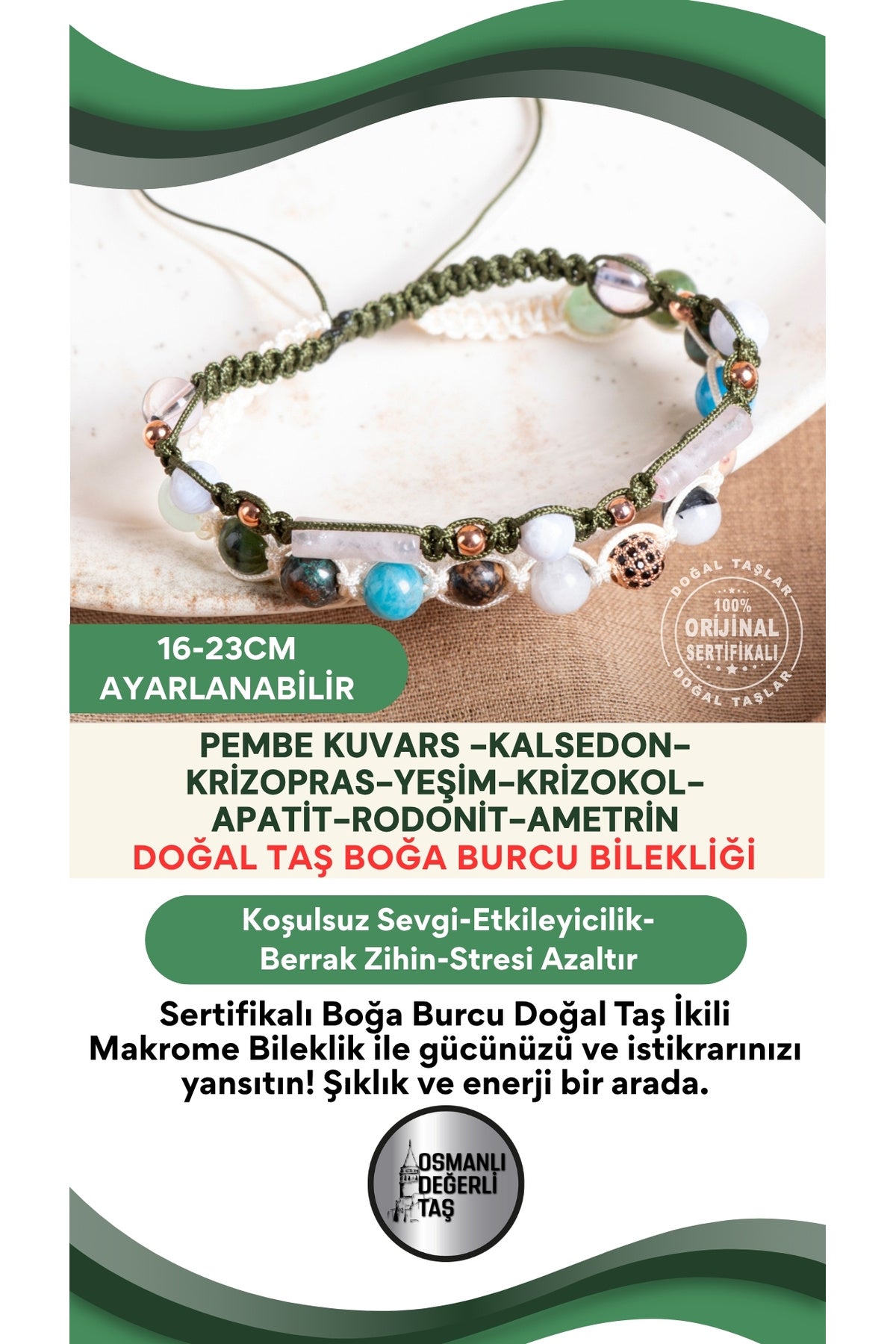 SERTİFİKALI Boğa Burcu Doğal Taş İkili Makrome Bileklik