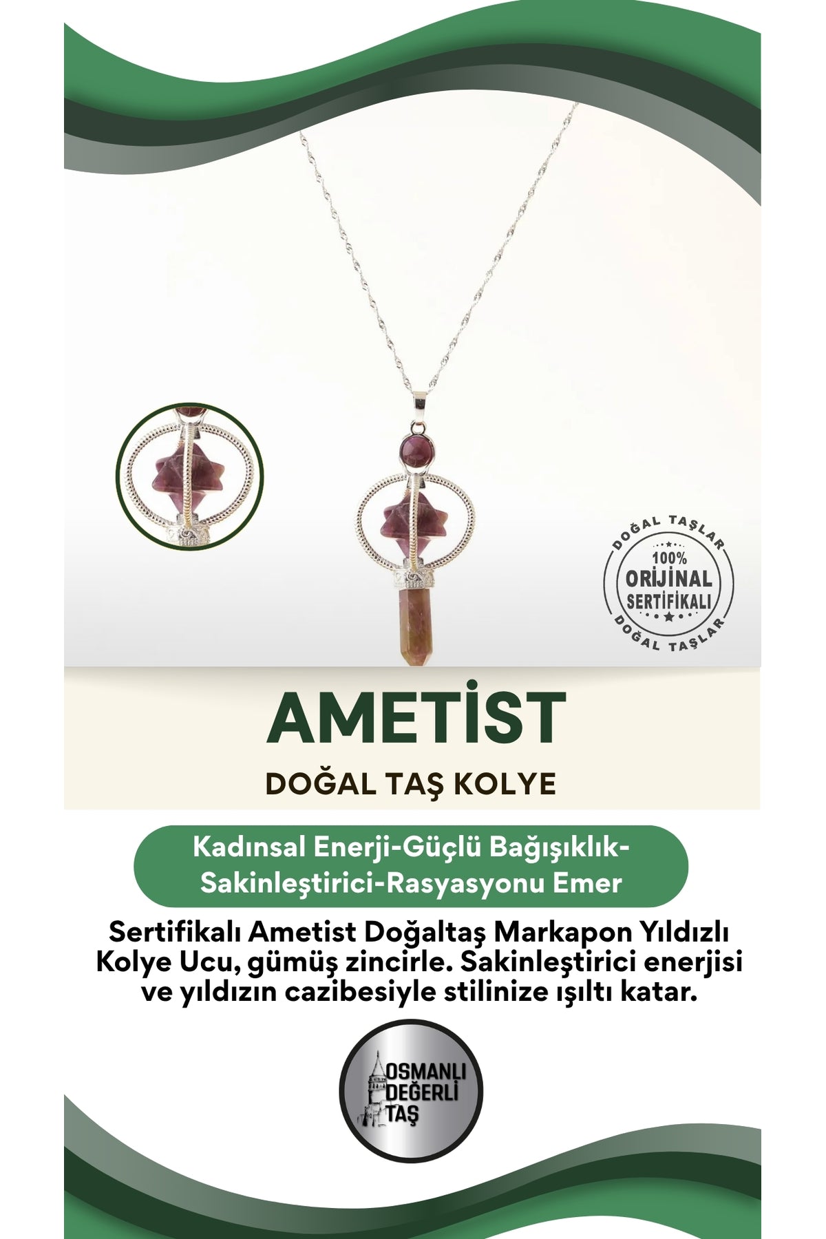 Sertifikalı Ametist Doğaltaş Markapon Yıldızlı Kolye Ucu, Gümüş Zincirle Birlikte Ku003