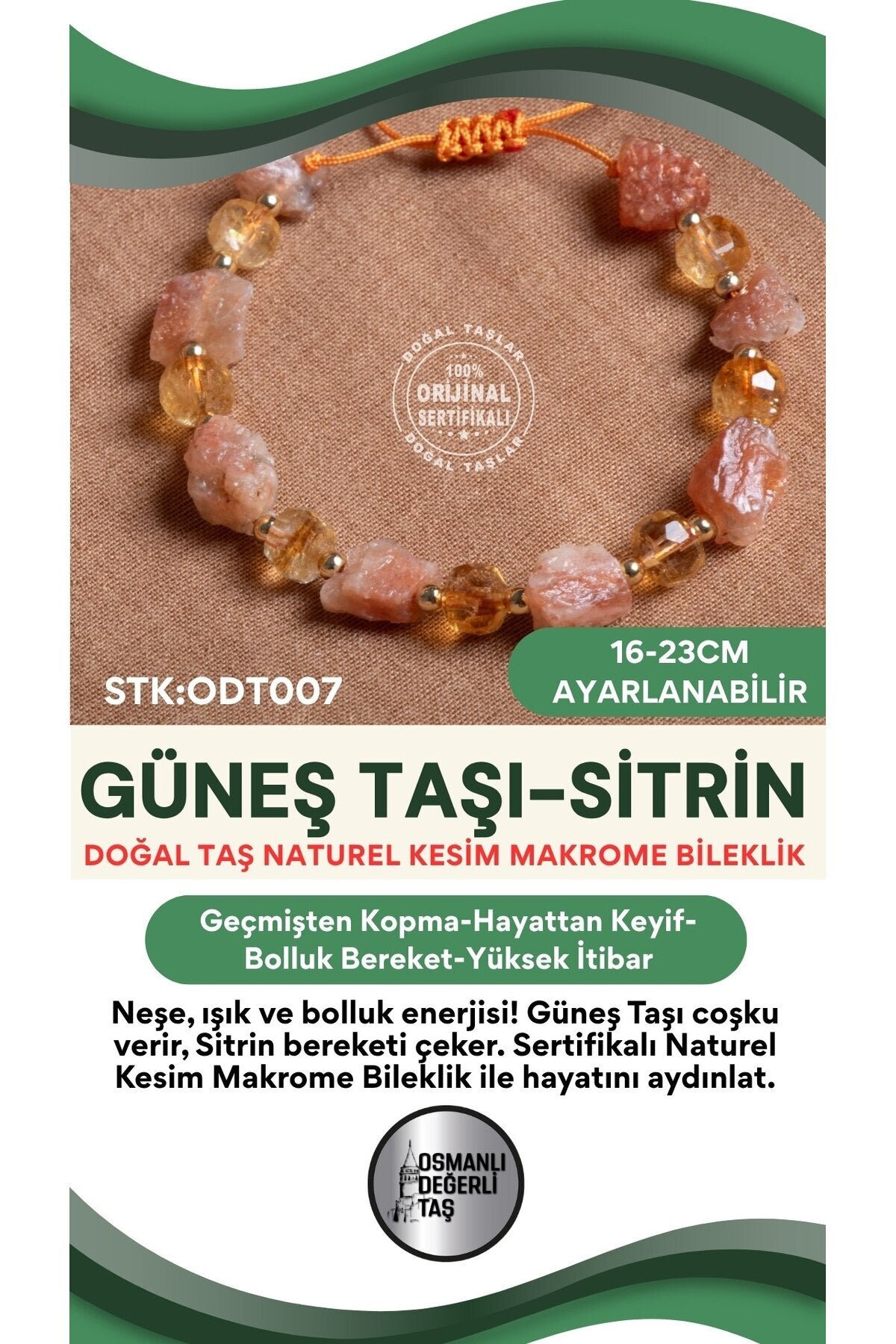 Sertifikalı Doğal Taş Güneş Taşı-Sitrin Naturel Kesim Makrome Bileklik ODT007