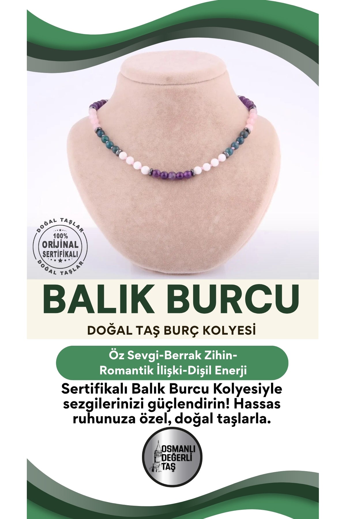 Sertifikalı Balık Burcu Doğal Taş Kolye M056
