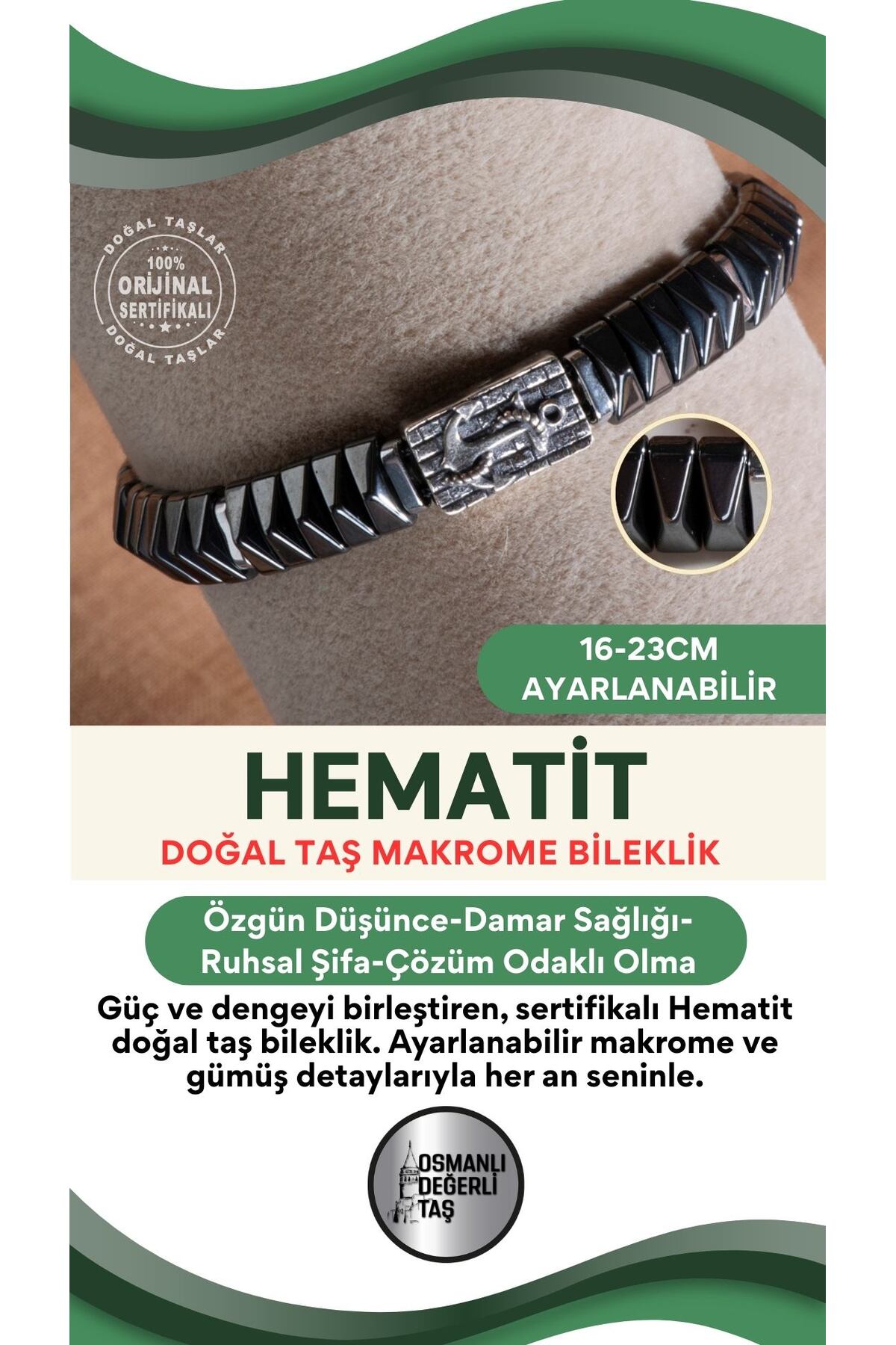 SERTİFİKALI Hematit Doğal Taş Makrome Ayarlanabilir Gümüş Bileklik No:9