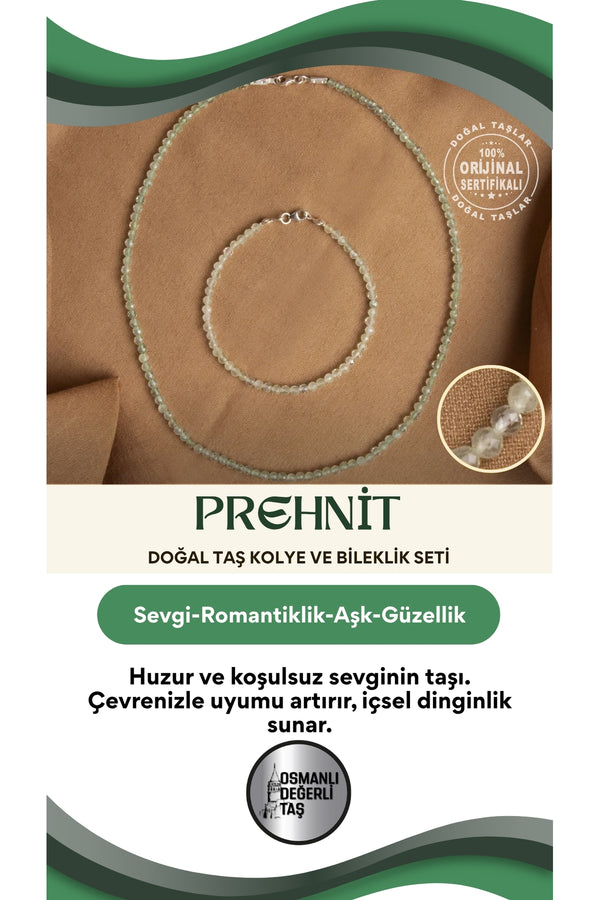Sertifikalı Prehnit Doğal Taşlı Kolye ve Bileklik Seti