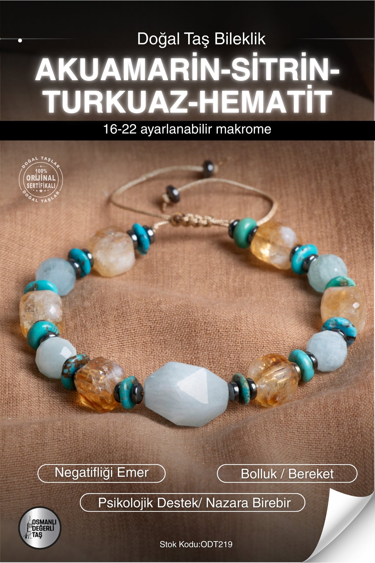 SERTİFİKALI Akuamarin-Sitrin-Turkuaz-Hematit Doğal Taş Makrome Bileklik ODT219
