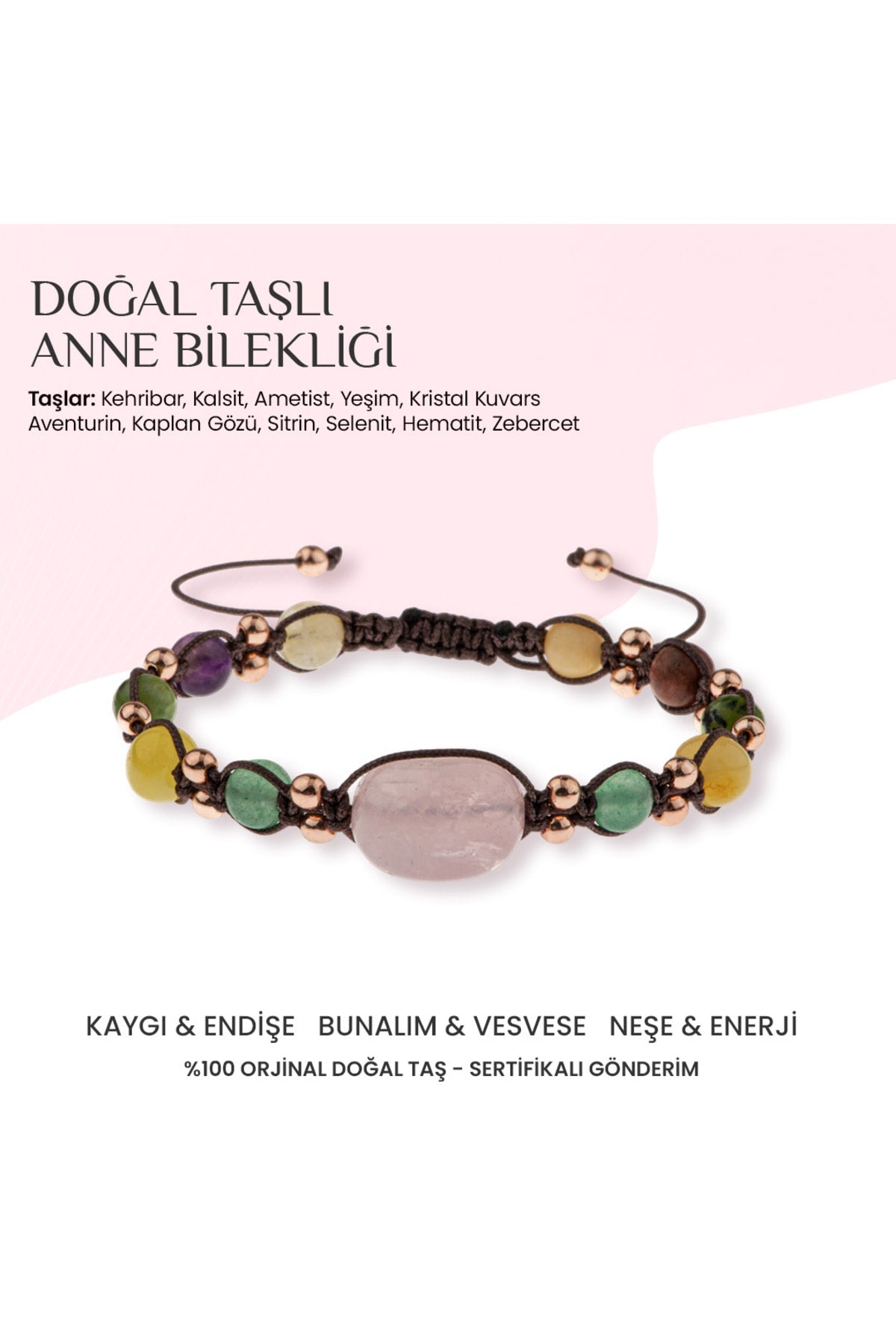Doğal Taşlı Anne Bilekliği Kehribar, Ametist, Yeşim, Sitrin, Aventurin, Rodonit, Kristal Kuvars