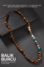 Balık Burcu Düğümlü Kolye Sertifikalı Doğal Taşlı (Turkuaz, Kunzit, Lepidolit ,Florit, Kaplan Gözü)