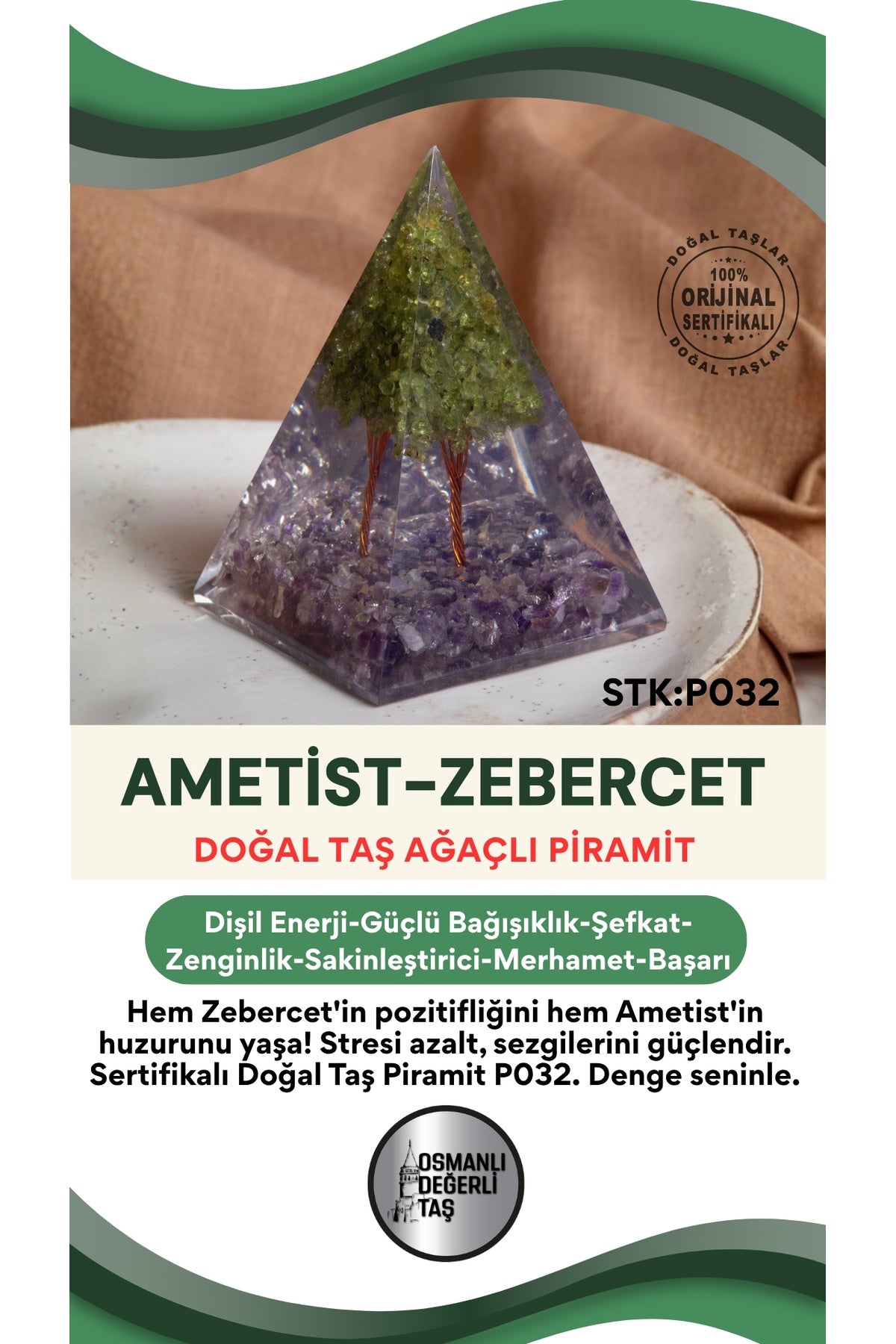 Sertifikalı Ametist-Zebercet Doğal Taş Piramit No:2 P032