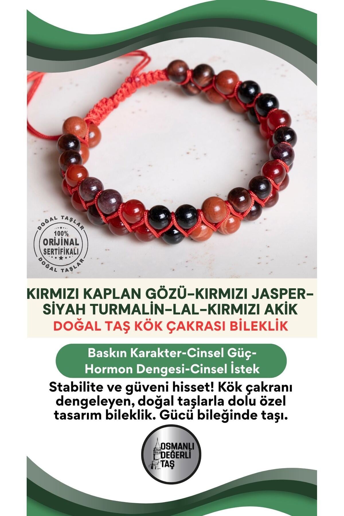 SERTİFİKALI Kök Çakrası Doğal Taş Makrome Ayarlanabilir Bileklik