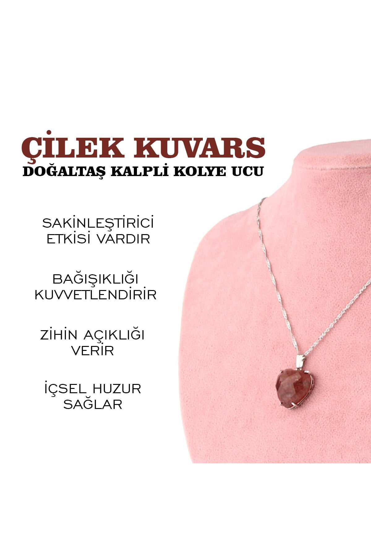 Sertifikalı Çilek Kuvars Doğaltaş Kalpli Kolye Ucu, Gümüş Zincirle Beraber M438