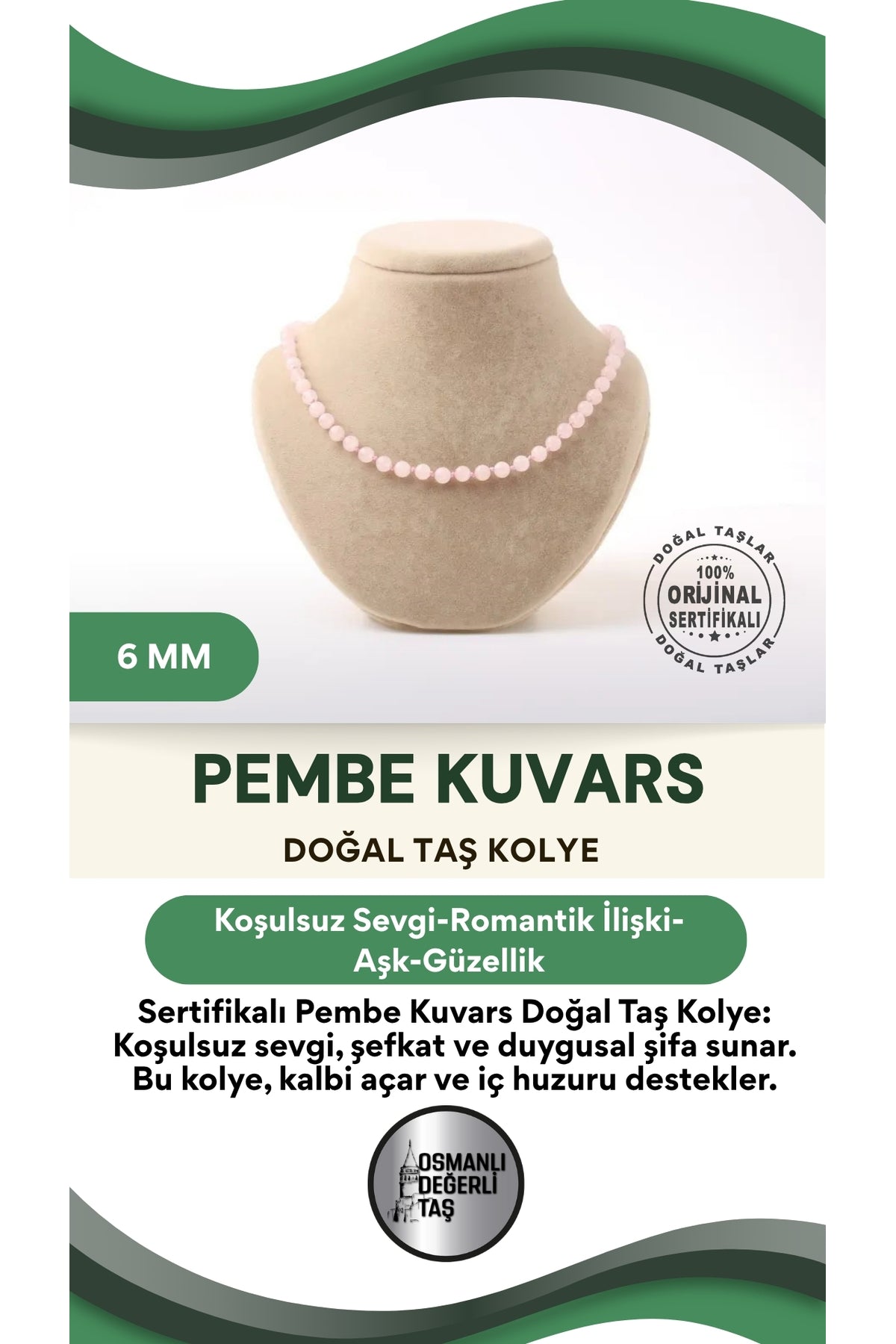 Sertifikalı Pembe Kuvars Doğaltaş Kolye 6 Mm, M584