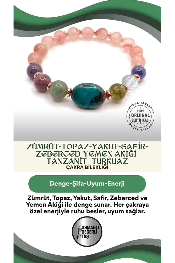 En Değerli Taşlardan Çakra Bilekliği Zümrüt Topaz Yakut Safir Zeberced Yemen Akiği Tanzanit Turkuaz