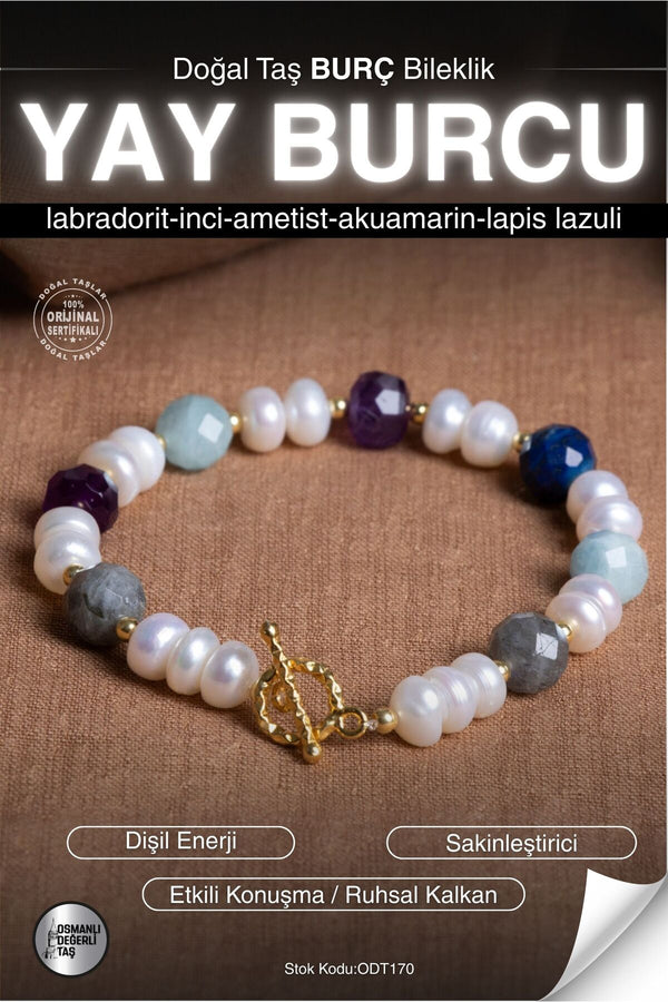SERTİFİKALI Labradorit-İnci-Ametist-Akuamarin-Lapis Yay Burç Doğal Taş Gümüş Aparat Bileklik ODT170