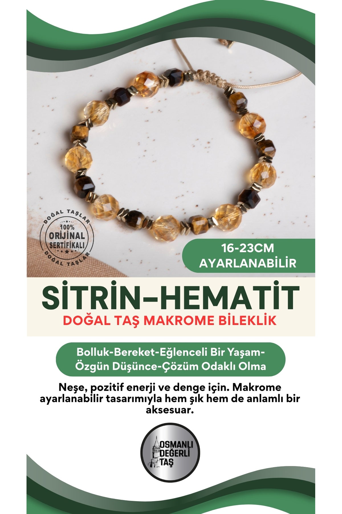 SERTİFİKALI Sitrin-Hematit Doğal Taş Makrome Ayarlanabilir Bileklik