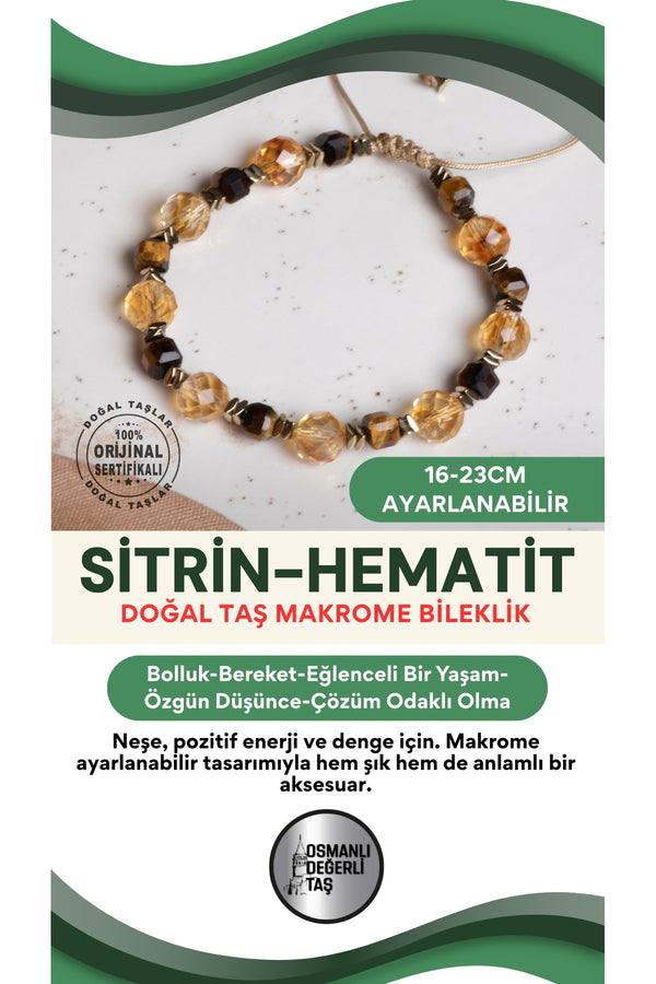 SERTİFİKALI Sitrin-Hematit Doğal Taş Makrome Ayarlanabilir Bileklik