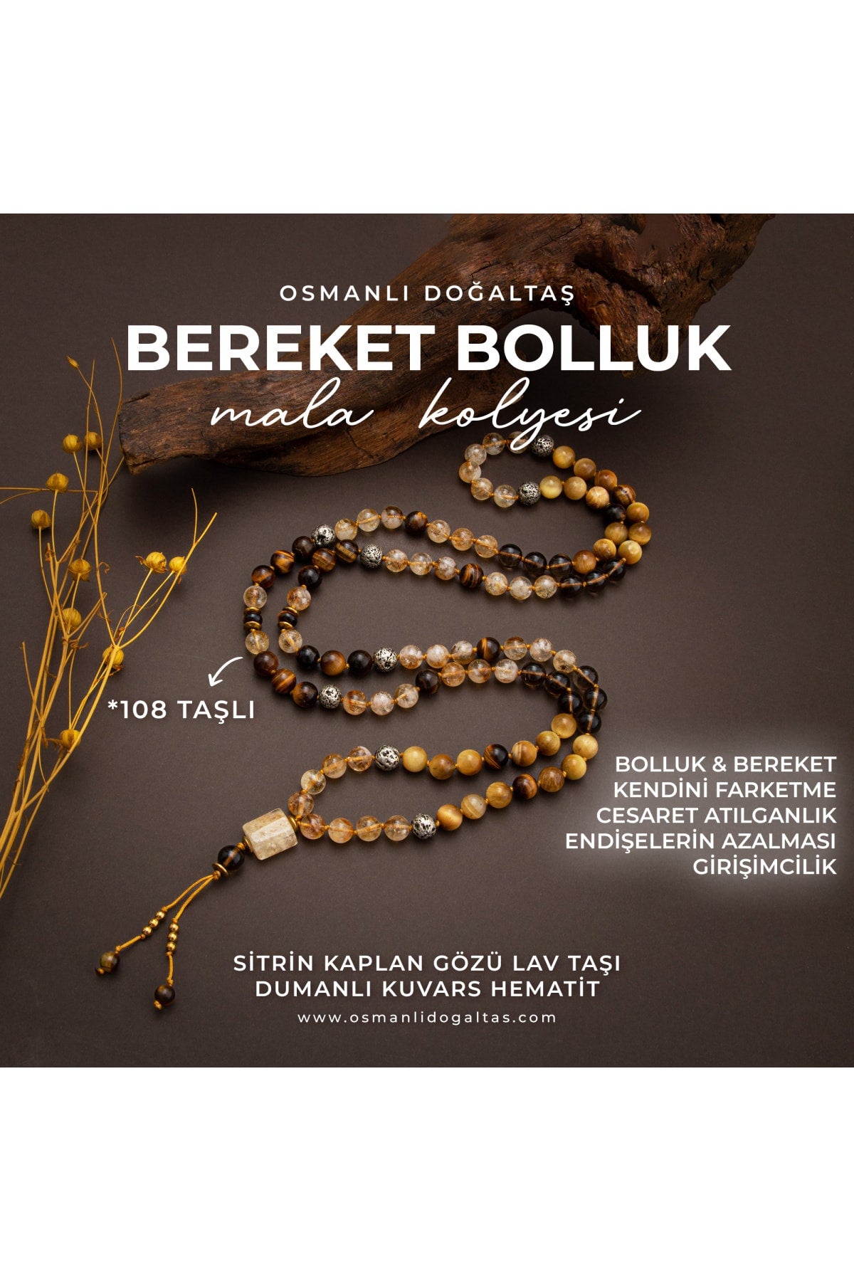 Sertifikalı Bereket & Bolluk 108 Taşlı Mala Kolyesi Kaplan Gözü Sitrin Dumanlı Kuvars Doğal Taşlı