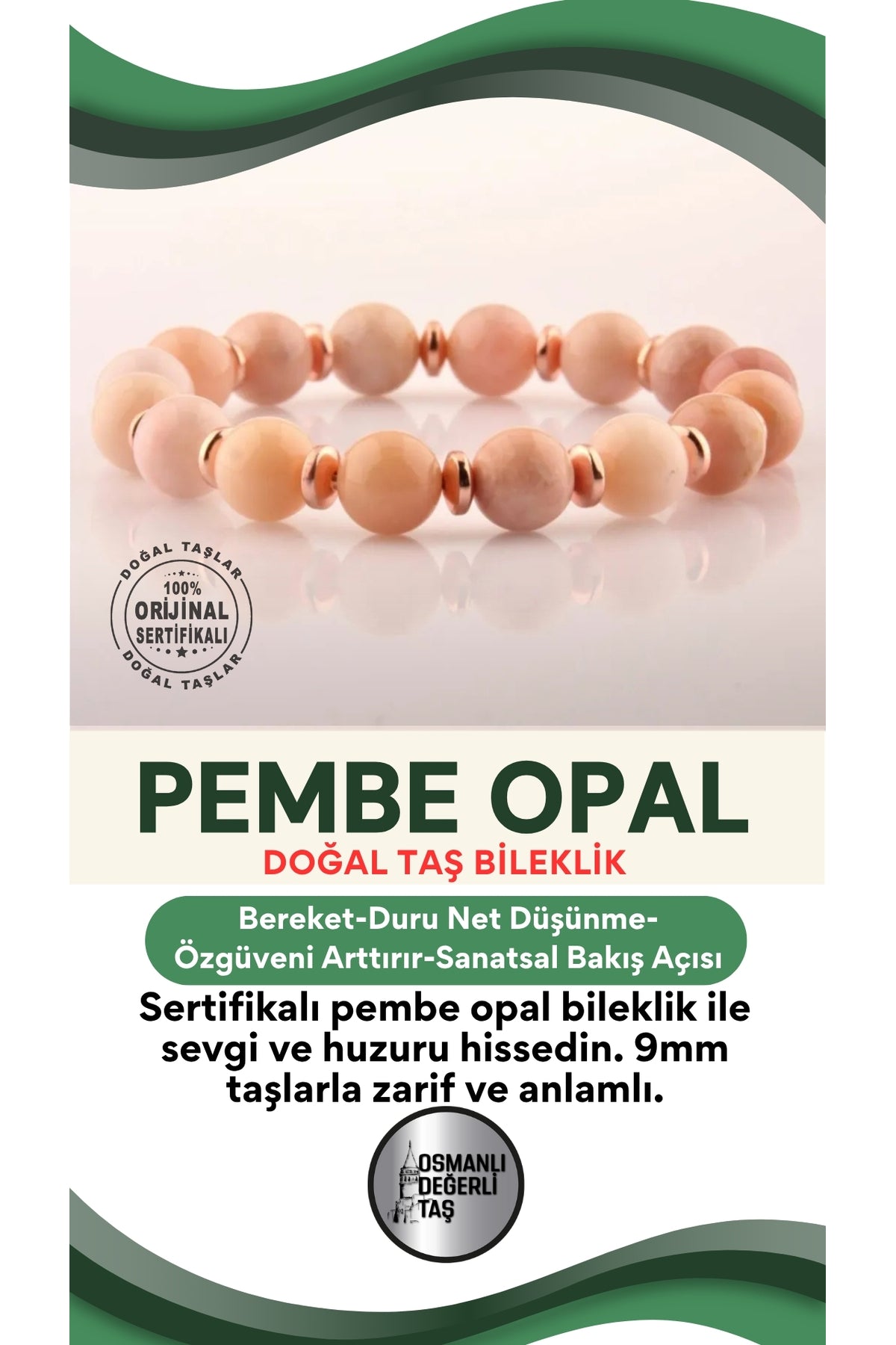 Sertifikalı Pembe Opal Doğal Taş Bileklik 9mm