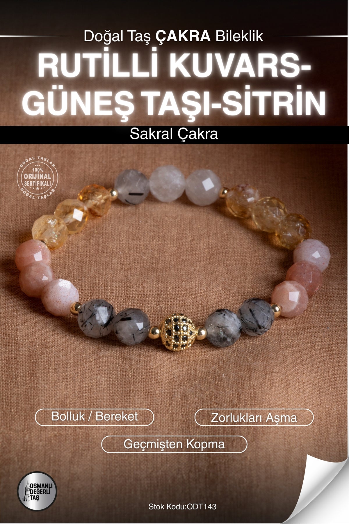 Sertifikalı RUTİLLİ KUVARS-GÜNEŞ TAŞI-SİTRİN Doğal Taş Zirkon Aparat Sakral Çakra Bileklik ODT143