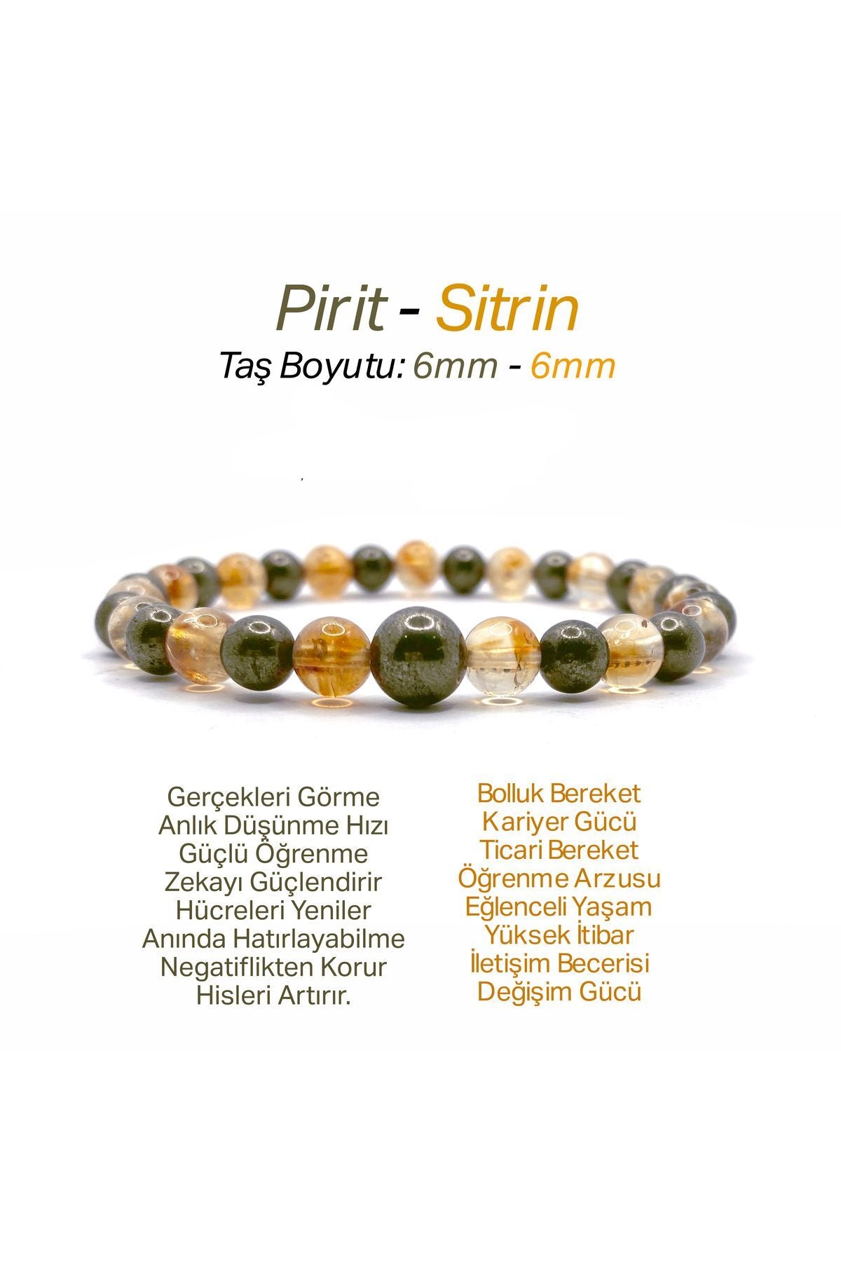 Sertifikalı Orijinal Hakiki 6mm Sitrin - Pirit Doğal Taş Misinalı Bileklik