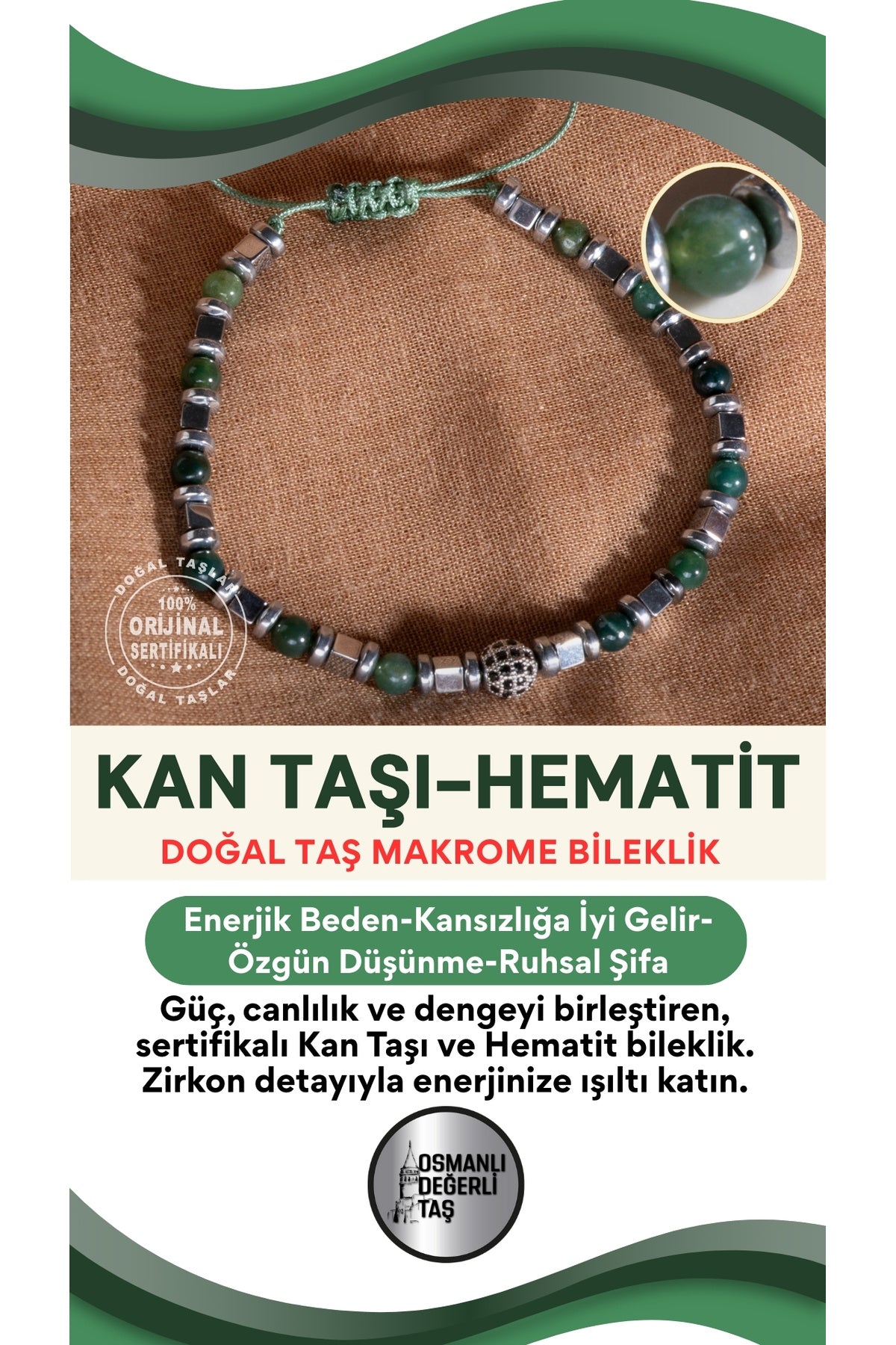 SERTİFİKALI Kan Taşı-Hematit Doğal Taş Zirkon Aparat Makrome Ayarlanabilir Bileklik