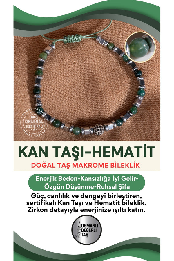 SERTİFİKALI Kan Taşı-Hematit Doğal Taş Zirkon Aparat Makrome Ayarlanabilir Bileklik