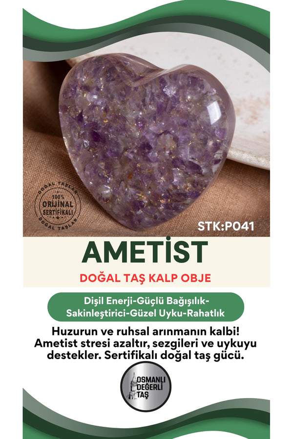 Sertifikalı Ametist Doğal Taş Kalp Obje P041