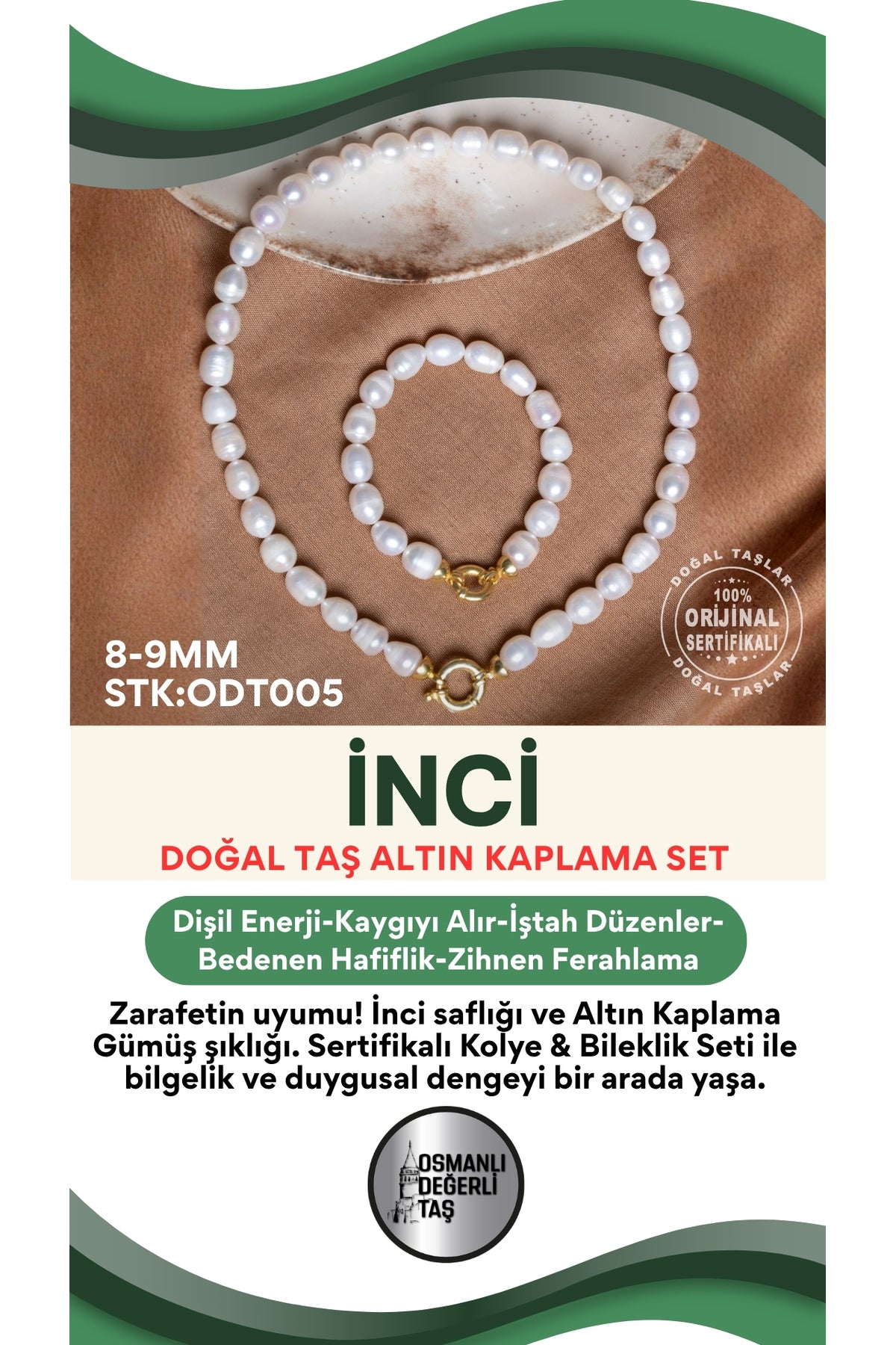 Sertifikalı Doğal Taş İnci Altın Kaplama 925 Ayar Gümüş Aparatlı Kolye&Bileklik Set ODT005