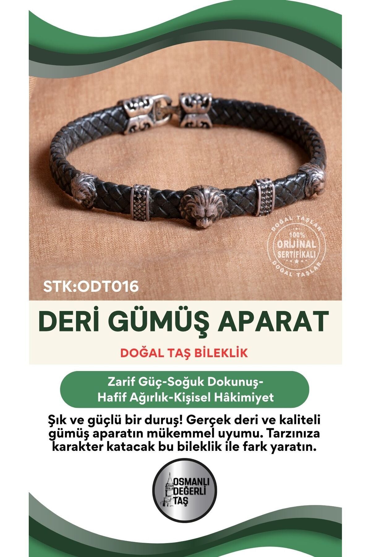Sertifikalı Deri Gümüş Aparatlı Doğal Taş Bileklik ODT016