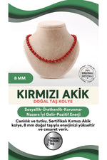 Sertifikalı Kırmızı Akik Doğaltaş Kolye 8 Mm, M527