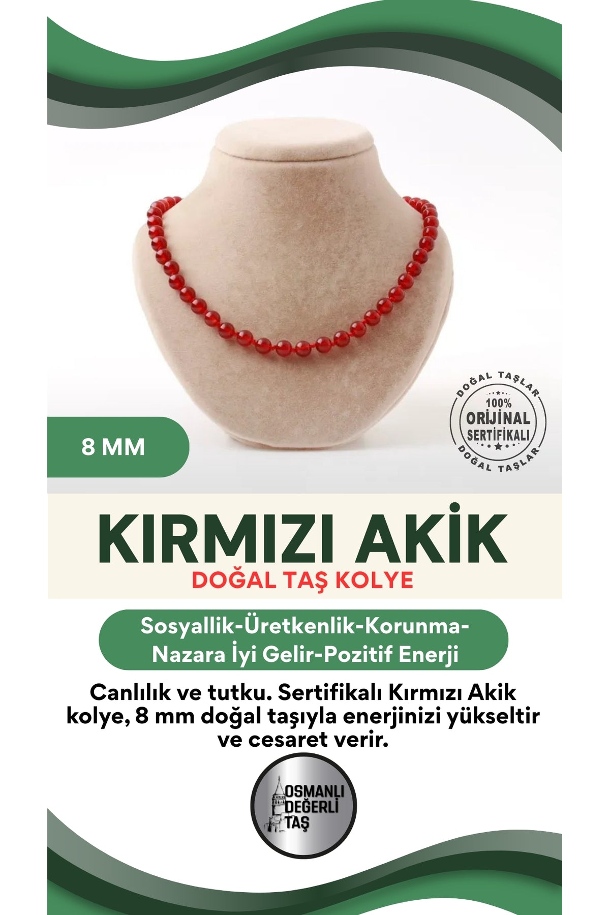 Sertifikalı Kırmızı Akik Doğaltaş Kolye 8 Mm, M527