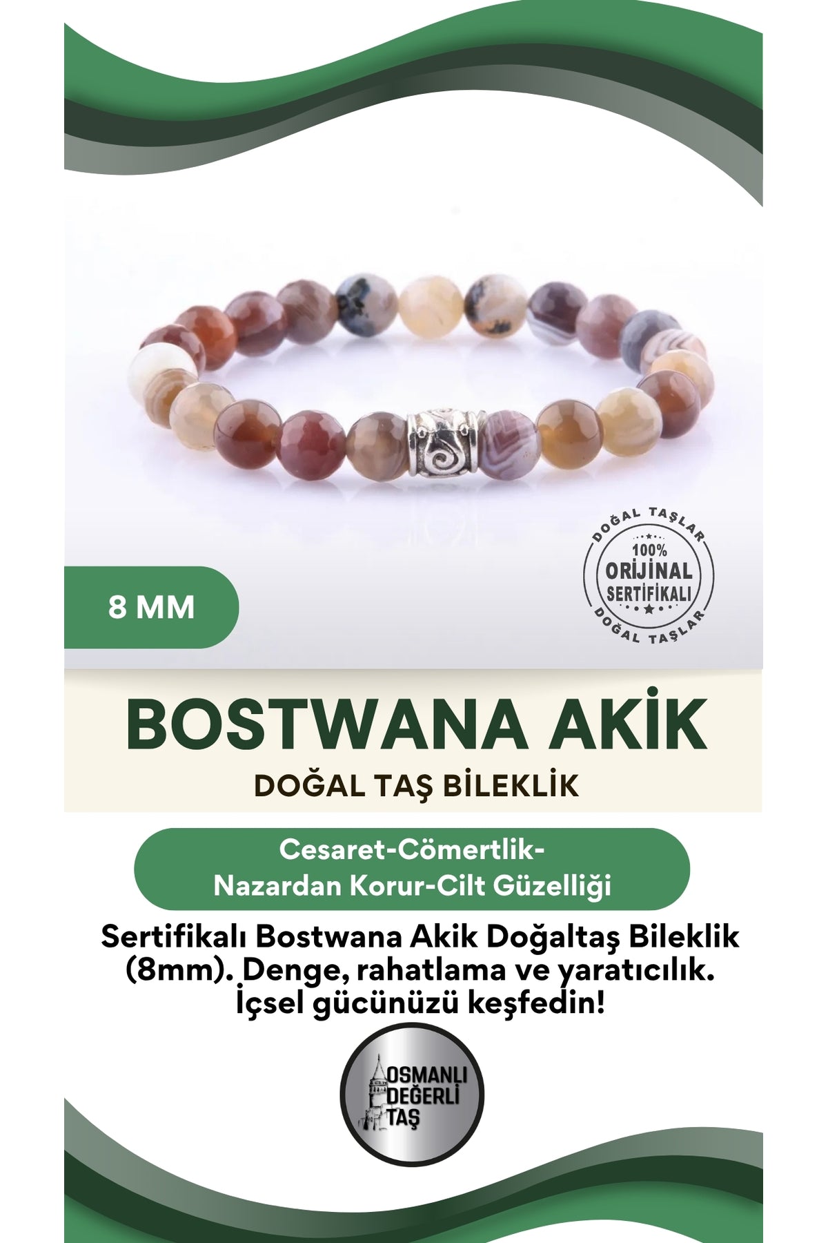 Sertifikalı Bostwana Akik Doğaltaş Bileklik - 8 Mm B403