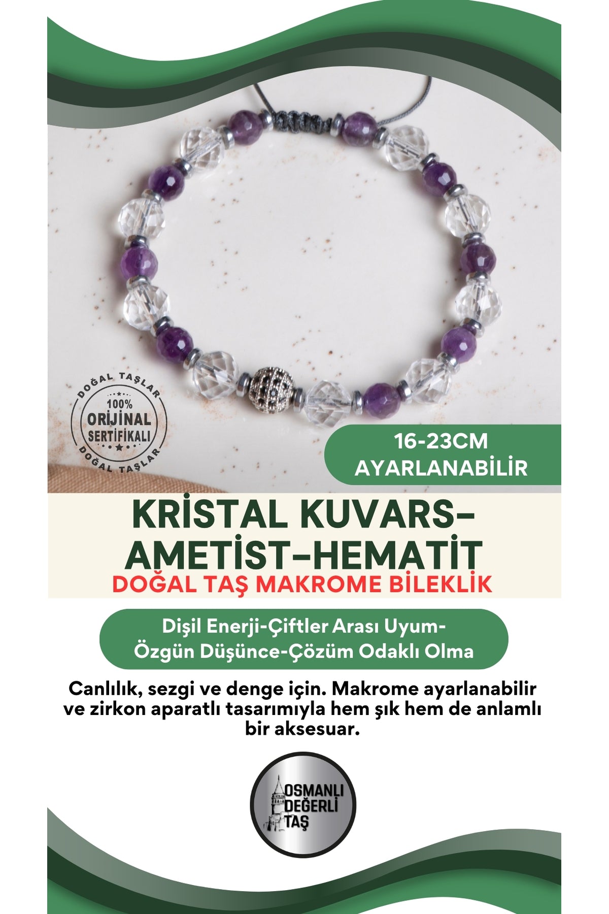 SERTİFİKALI Kristal Kuvars-Ametist-Hematit Doğal Taş Makrome Ayarlanabilir Zirkon Aparatlı Bileklik