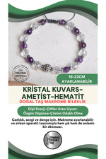 SERTİFİKALI Kristal Kuvars-Ametist-Hematit Doğal Taş Makrome Ayarlanabilir Zirkon Aparatlı Bileklik