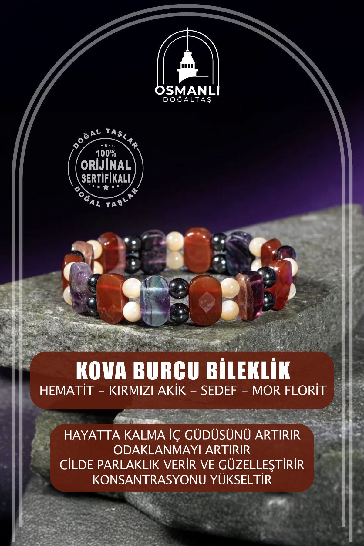Kova Burcu Doğal Taş Geniş Kesim El Yapımı Bileklik