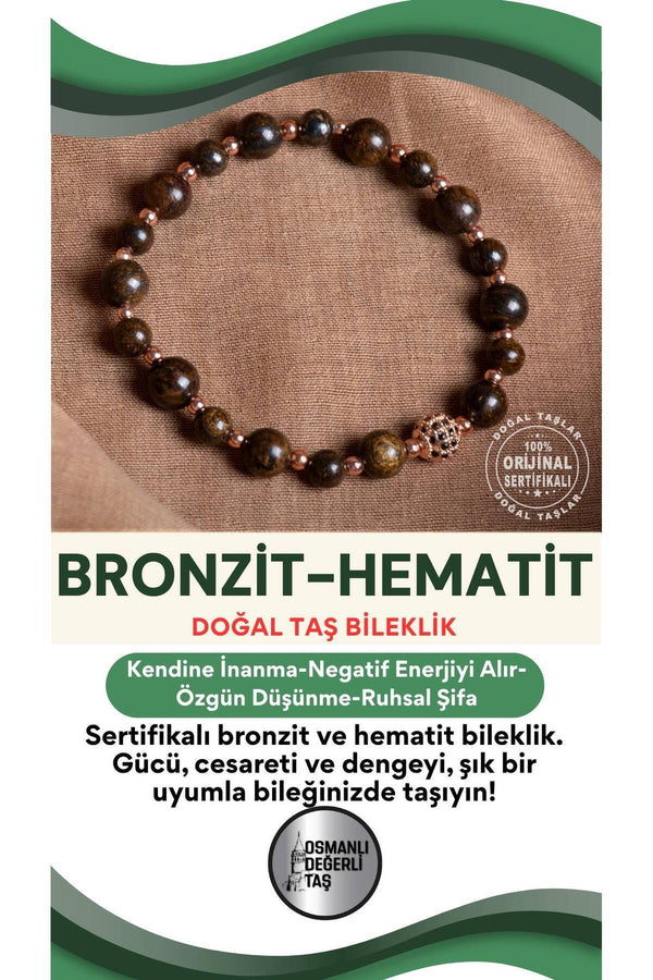SERTİFİKALI Bronzit-Hematit Doğal Taş Bileklik 6-8 mm